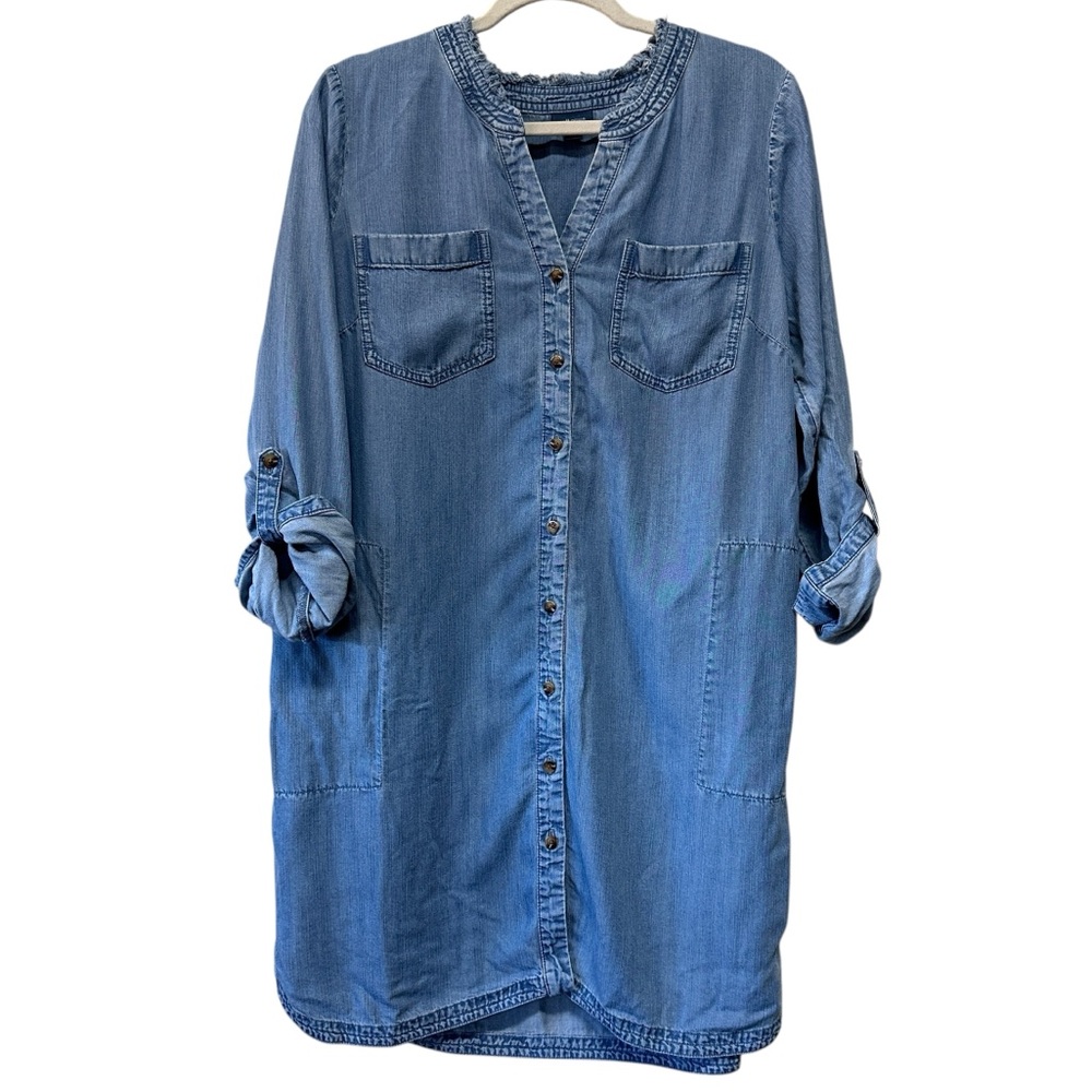 J. Jill Denim Shrit Dress with Roll Tab Sleeves Button Down Pockets, Size Medium
